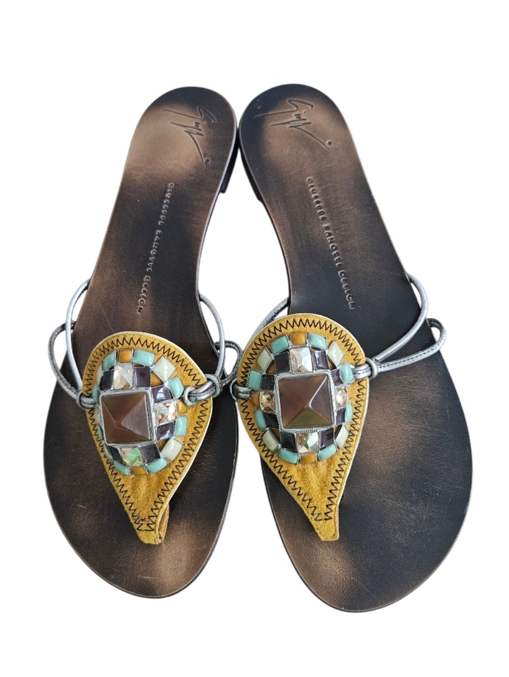 Giuseppe Zanotti Brown Leather Slide Sandals with Yellow Triangular Straps